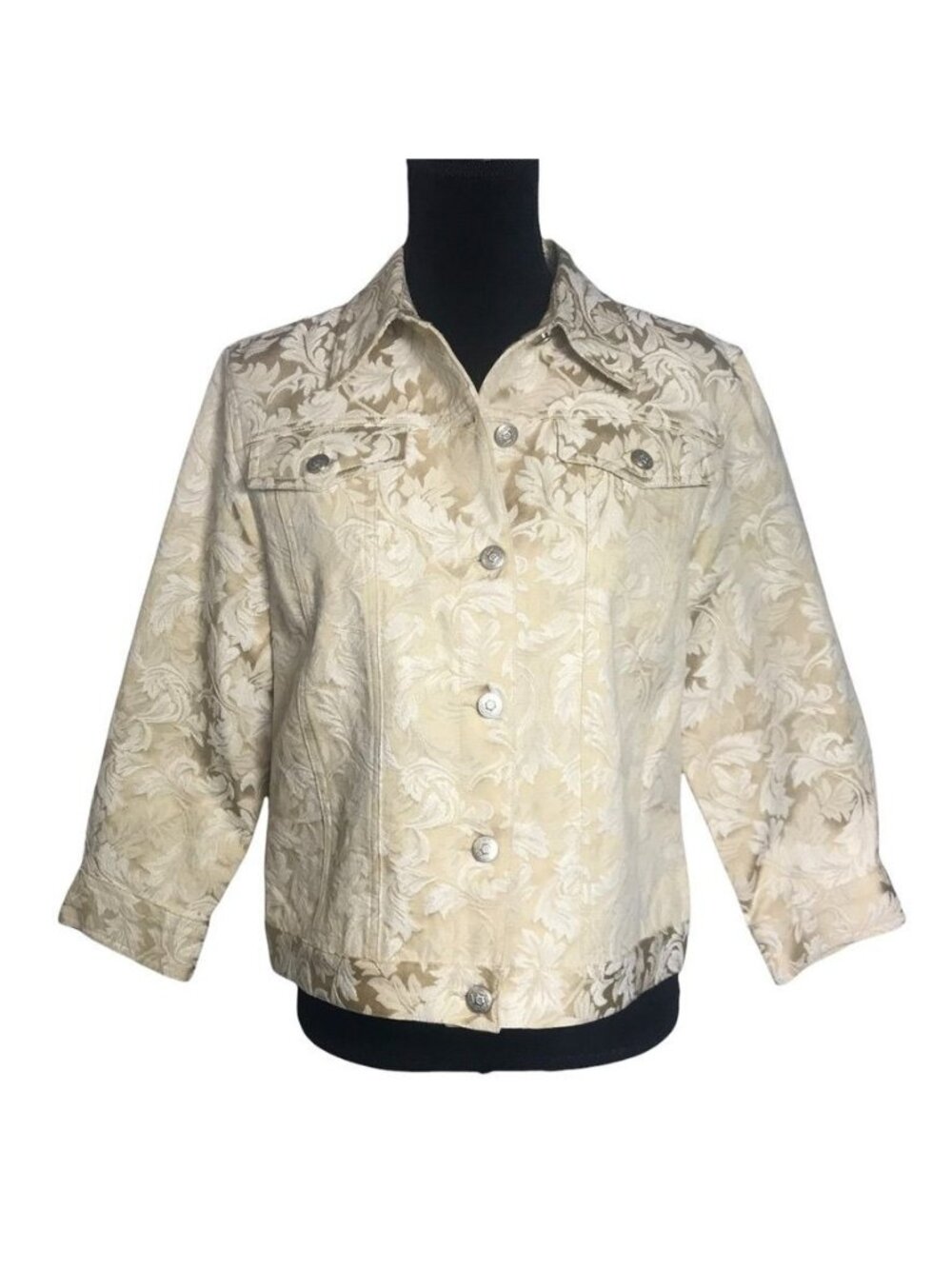 Hearts of Palm Leaf Print Button Jacket in Tan/Cream - Size 14